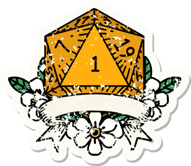 Bir insan tarafından çizilmiş doğal bir d20 zarının grunge çıkartması.