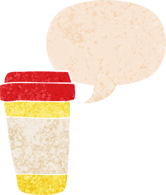 Bir insan tarafından çizilmiş grunge dertli retro desenli konuşma balonlu çizgi film kahve fincanı.