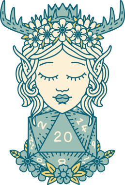 Retro Dövme Tarzı Elf Karakteri Nautral 20 zar bir insan tarafından çizilmiş