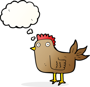 Bir insan tarafından çizilmiş düşünce kabarcığı olan çizgi film tavuğu.