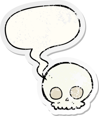 Konuşma baloncuğu olan bir kafatası, bir insan tarafından çizilmiş sıkıntılı eski bir çıkartma.