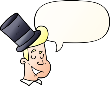 Bir insan tarafından çizilmiş, konuşma baloncuklu silindir şapkalı çizgi film adamı.