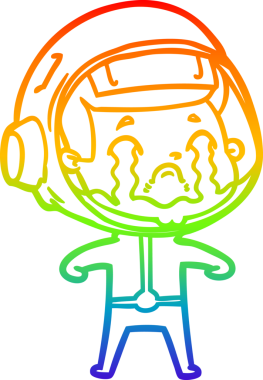 Gökkuşağı gradyan çizgi çizimi bir insan tarafından çizilmiş ağlayan astronot