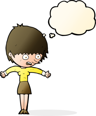 Bir insan tarafından çizilen düşünce baloncuğuyla panikleyen çizgi film kadını.