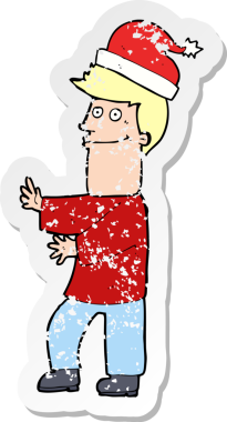 Bir insan tarafından çizilmiş Noel 'e hazır karikatürcü bir adamın gerilimli çıkartması.