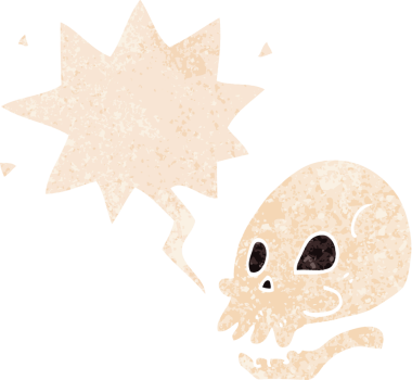 grunge 'da konuşma baloncuğu olan karikatür kafatası bir insan tarafından çizilmiş gerilimli retro stil