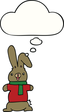 Bir insan tarafından çizilmiş düşünce kabarcığı olan çizgi film tavşanı.