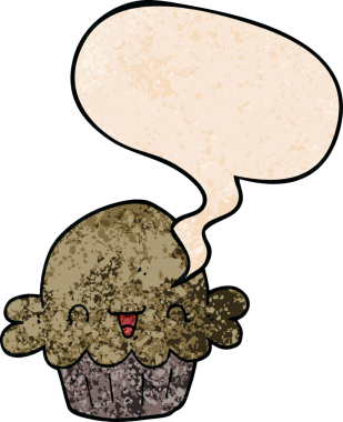 Bir insan tarafından çizilmiş eski moda konuşma baloncuklu şirin bir çizgi film pastası.