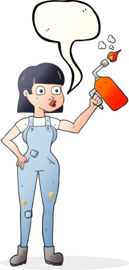 Bir insan tarafından çizilmiş tulumlu serbest konuşma balonu karikatürü kadın.