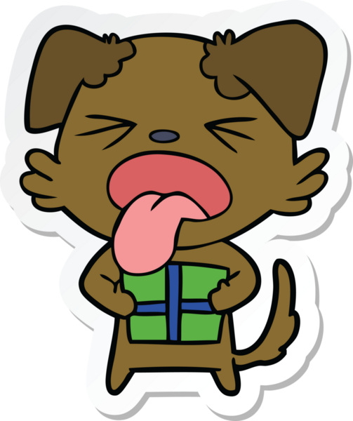 Bir insan tarafından çizilmiş noel hediyeli çizgi film köpeğinin çıkartması.