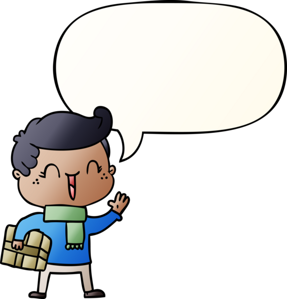 Bir insan tarafından çizilmiş düzgün eğimli konuşma baloncuğu olan gülen çocuk.