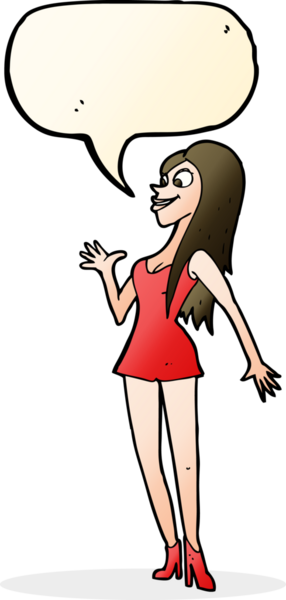 Bir insan tarafından çizilmiş pembe elbiseli bir karikatür kadın.