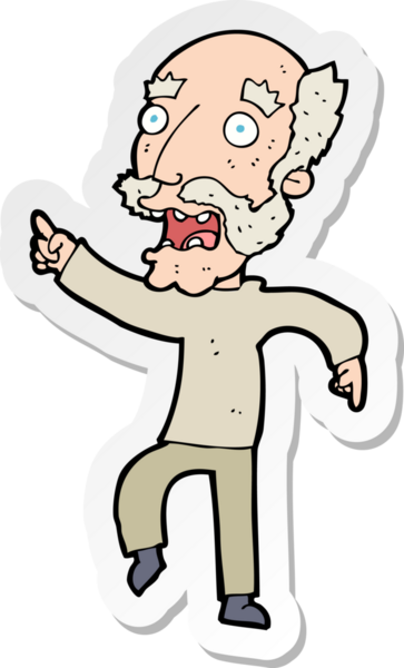 Çizgi film çıkartması. Bir insan tarafından çizilmiş korkmuş yaşlı bir adam.