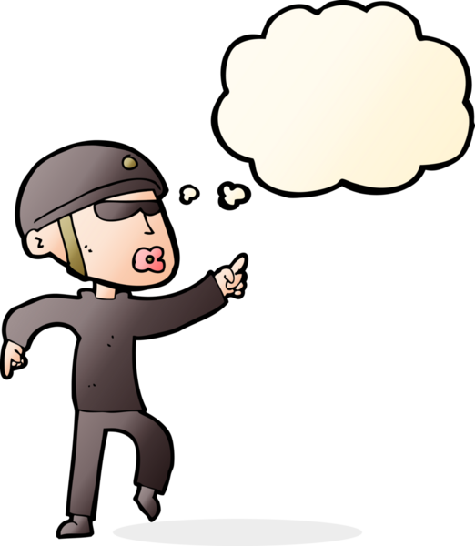 Bir insan tarafından çizilmiş düşünce baloncuğu olan bisiklet kasklı bir karikatür adam.