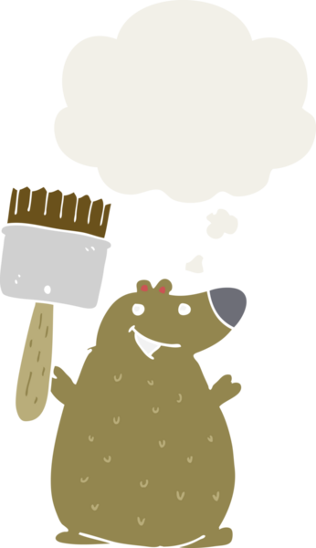 Düşünce baloncuklu boya fırçalı çizgi film ayısı insan tarafından çizilmiş.