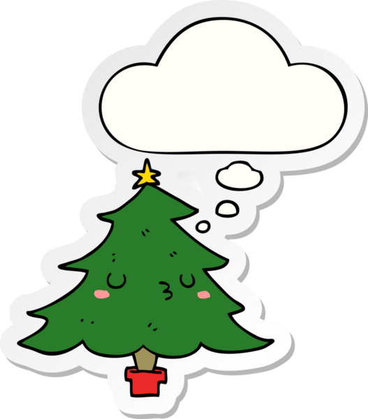 Düşünce baloncuğu insan tarafından çizilmiş bir çıkartma olan şirin bir çizgi film Noel ağacı.