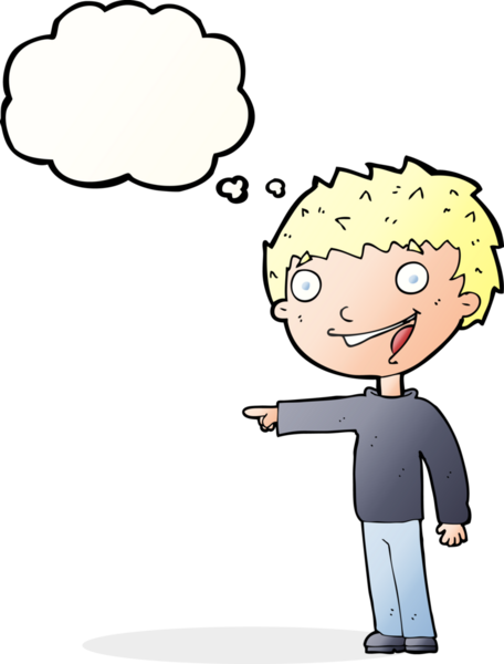 Bir insan tarafından çizilmiş düşünce baloncuğuyla gülen mutlu çocuk.