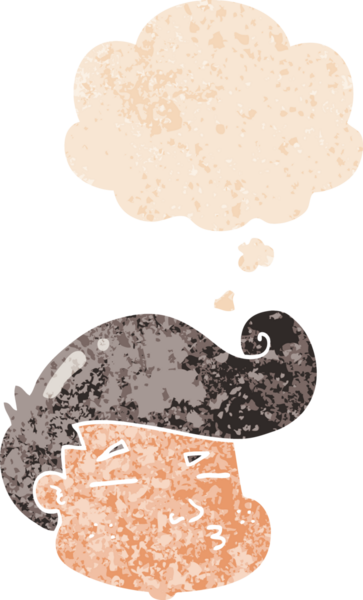 Düşünce baloncuklu çizgi film çocuğunun yüzü bir insan tarafından çizilmiş dertli eski moda bir stil.