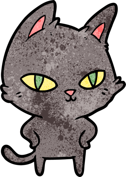 Bir insan tarafından çizilmiş parlak gözlü çizgi film kedisi.