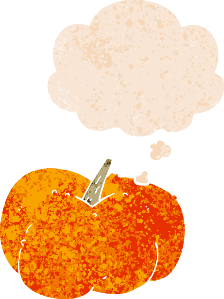 Düşünce baloncuklu çizgi film balkabağı grunge sıkıntılı retro dokuma tarzı bir insan tarafından çizilmiş