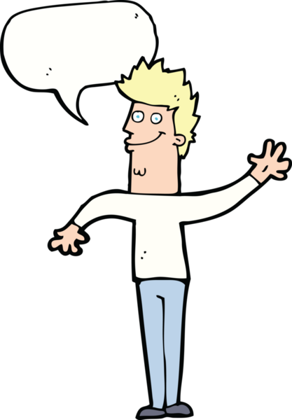 Bir insan tarafından çizilmiş konuşma balonlu mutlu sallanan adam.