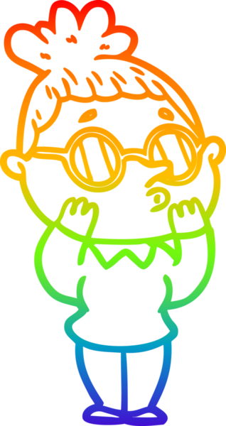 Gökkuşağı gradyan çizgi çizimi bir insan tarafından çizilmiş gözlük takan bir kadın.