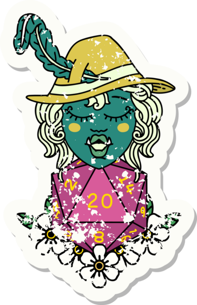 Retro Dövme Biçimi Yarı Ork Ozanı Bir insan tarafından çizilmiş 20 zar ile