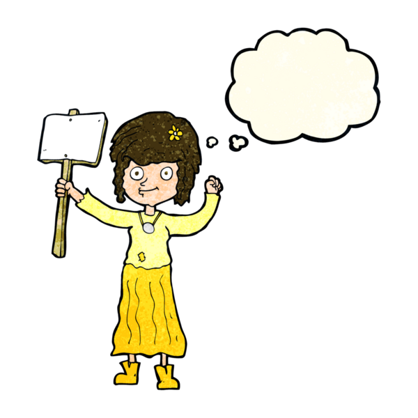 Bir insan tarafından çizilmiş düşünce balonlu protestolu hippi kız.