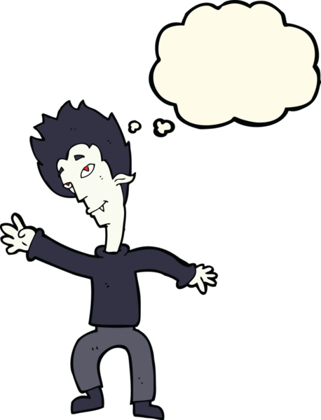 Bir insan tarafından çizilmiş düşünce balonlu cadılar bayramı vampiri çizgi filmi.