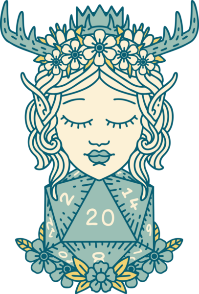 Retro Dövme Tarzı Elf Karakteri Nautral 20 zar bir insan tarafından çizilmiş