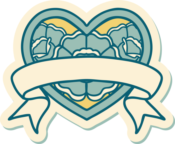 Geleneksel kalp stili dövme çıkartması ve bir insan tarafından çizilmiş çiçekli pankart.