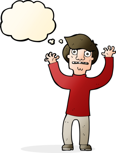 Bir insan tarafından çizilmiş düşünce baloncuğuyla dehşete düşmüş bir adam.
