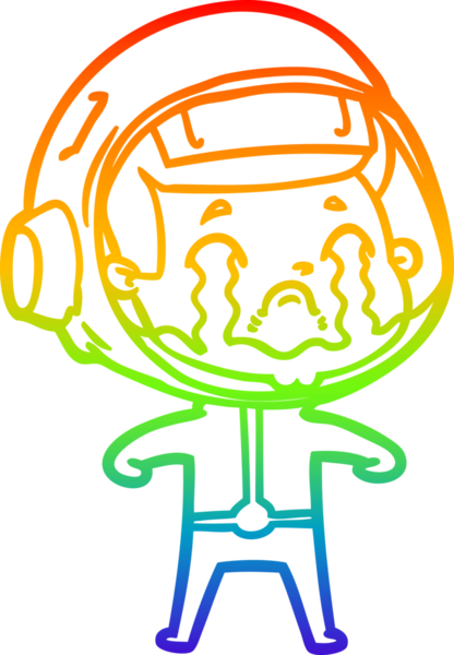 Gökkuşağı gradyan çizgi çizimi bir insan tarafından çizilmiş ağlayan astronot