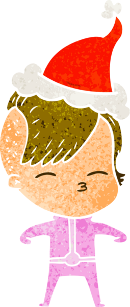 Bir insan tarafından çizilmiş fütürist kıyafetler giyen ve Noel Baba şapkası takan bir kızın el çizimi karikatürü.