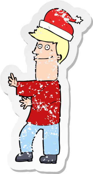 Bir insan tarafından çizilmiş Noel 'e hazır karikatürcü bir adamın gerilimli çıkartması.