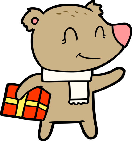 Bir insan tarafından çizilmiş Noel hediyesi ve eşarbı olan dost bir ayı.