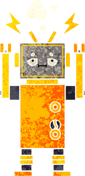 Bir insan tarafından çizilmiş arızalı bir robotun retro çizim tarzı karikatürü