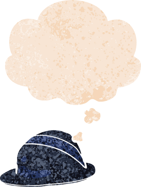 Düşünce baloncuklu çizgi film melon şapka grunge sıkıntılı retro dokuma tarzı bir insan tarafından çizilmiş