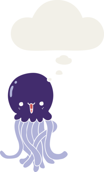 Düşünce baloncuğu olan denizanası çizgi filmi bir insan tarafından çizilmiş.