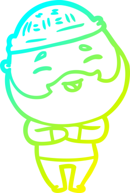 Bir insan tarafından çizilmiş, mutlu, sakallı, çizgi film karakteri.