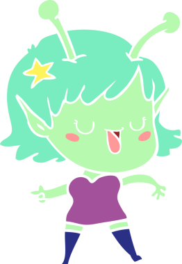 Mutlu uzaylı kız düz renkli çizgi film bir insan tarafından çizildi.