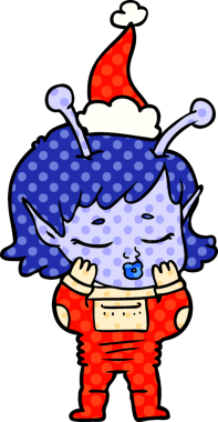 Bir insan tarafından çizilmiş Noel Baba şapkası giyen uzaylı bir kızın el çizimi çizgi roman tasviri.