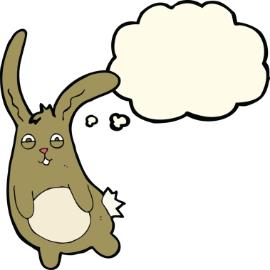 Bir insan tarafından çizilmiş düşünce balonlu komik çizgi film tavşanı.
