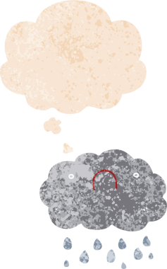 Düşünce baloncuğu ve grunge ile sevimli çizgi film bulutu bir insan tarafından çizilmiş sıkıntılı retro dokuma tarzı