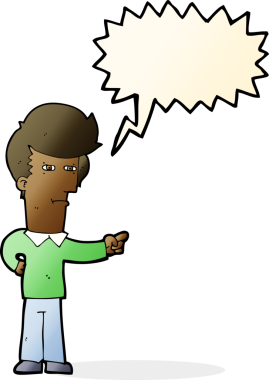 Bir insan tarafından çizilmiş bir konuşma balonuyla işaret eden çizgi film adamı.