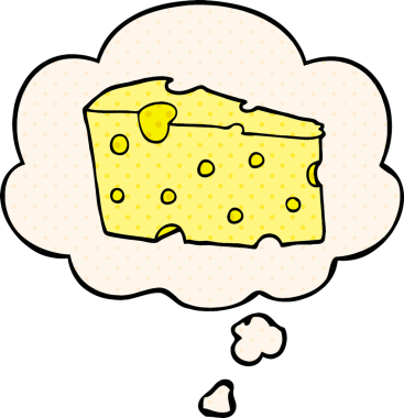 Çizgi roman tarzında bir insan tarafından çizilmiş düşünce baloncuklu çizgi film peyniri.