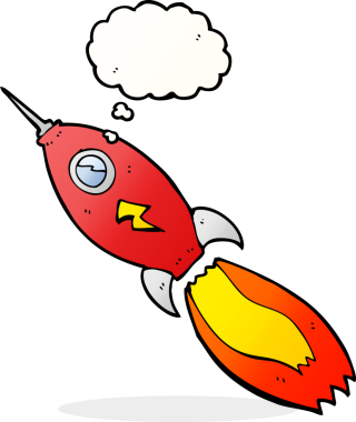 Bir insan tarafından çizilmiş düşünce baloncuklu çizgi roket.