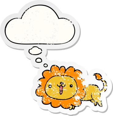 Düşünce baloncuğu olan sevimli çizgi film aslanı bir insan tarafından çizilmiş yıpranmış bir çıkartma.