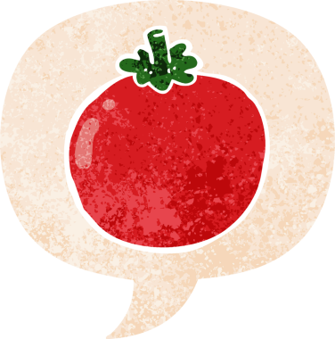 grunge 'da konuşma baloncuğu olan çizgi film domatesleri bir insan tarafından çizilmiş sıkıntılı retro dokuma tarzı