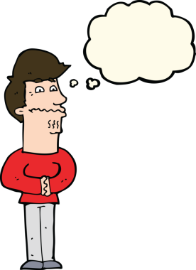 Bir insan tarafından çizilmiş düşünce baloncuğu olan sinirli bir adam.